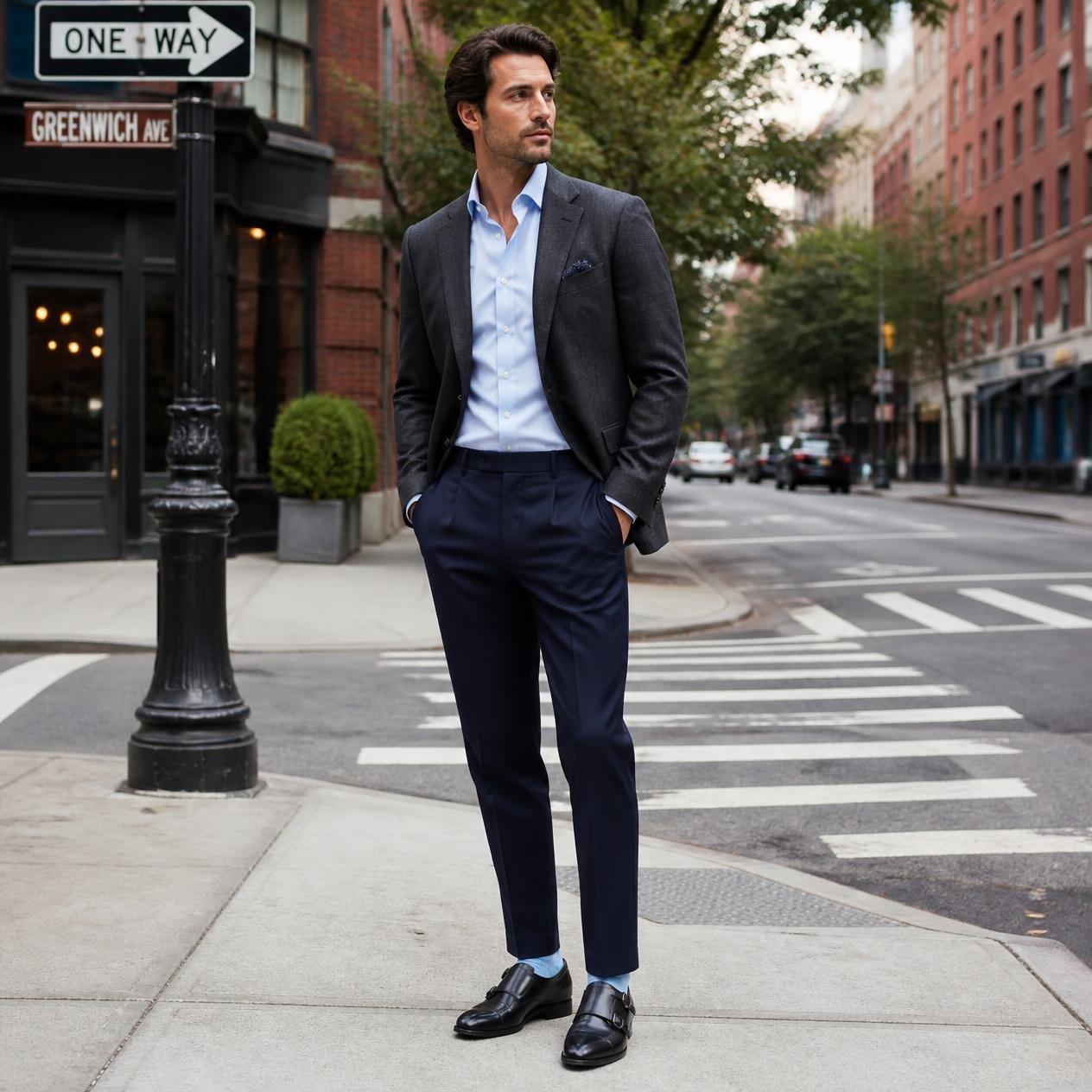 A man standing on a street corner wearing a charcoal blazer, navy dress trousers, a crisp light blue dress shirt, sleek black monk strap shoes, and light blue dress socks.