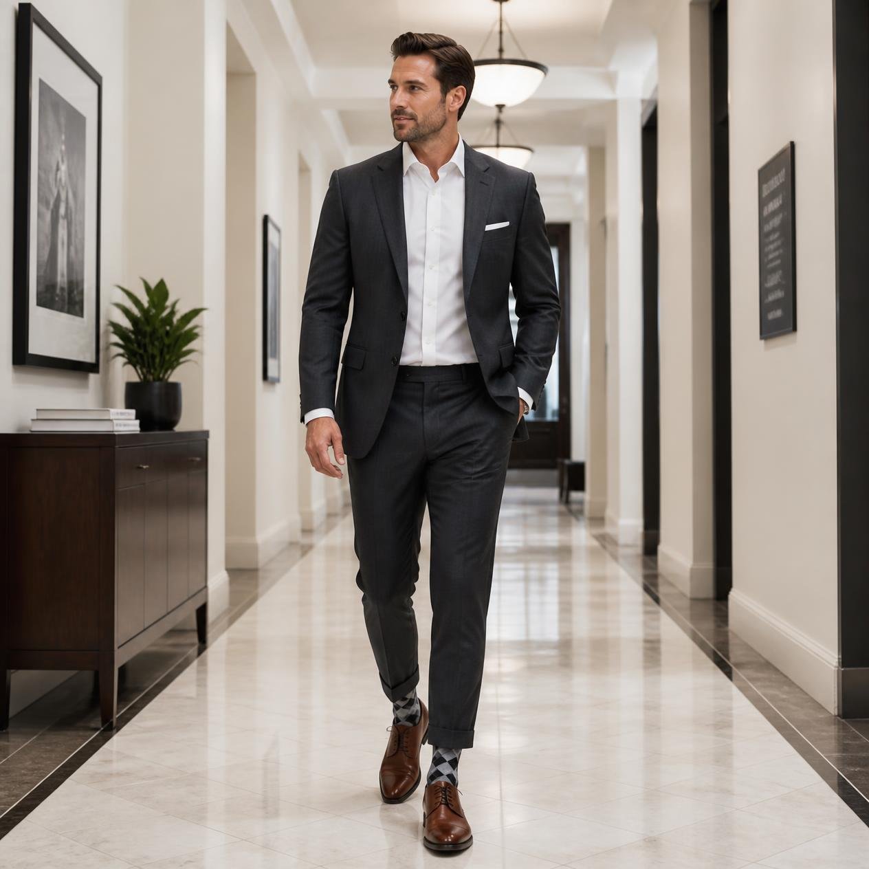 A man walking down a bright lit hallway wearing a charcoal suit, a crisp white dress shirt, sleek dark cognac dress boots, and charcoal, white, and black argyle socks.