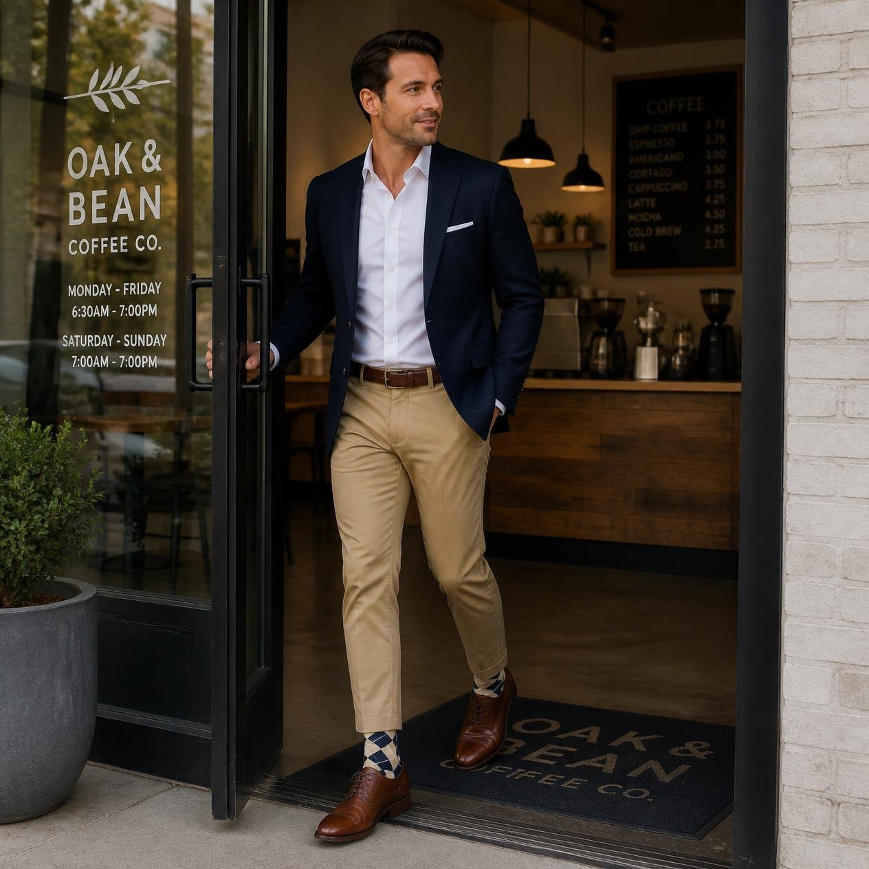 A man walking into a coffee shop wearing a navy blazer, tailored sand chinos, a crisp white dress shirt, leather oxford shoes, and white, sand, navy argyle socks.