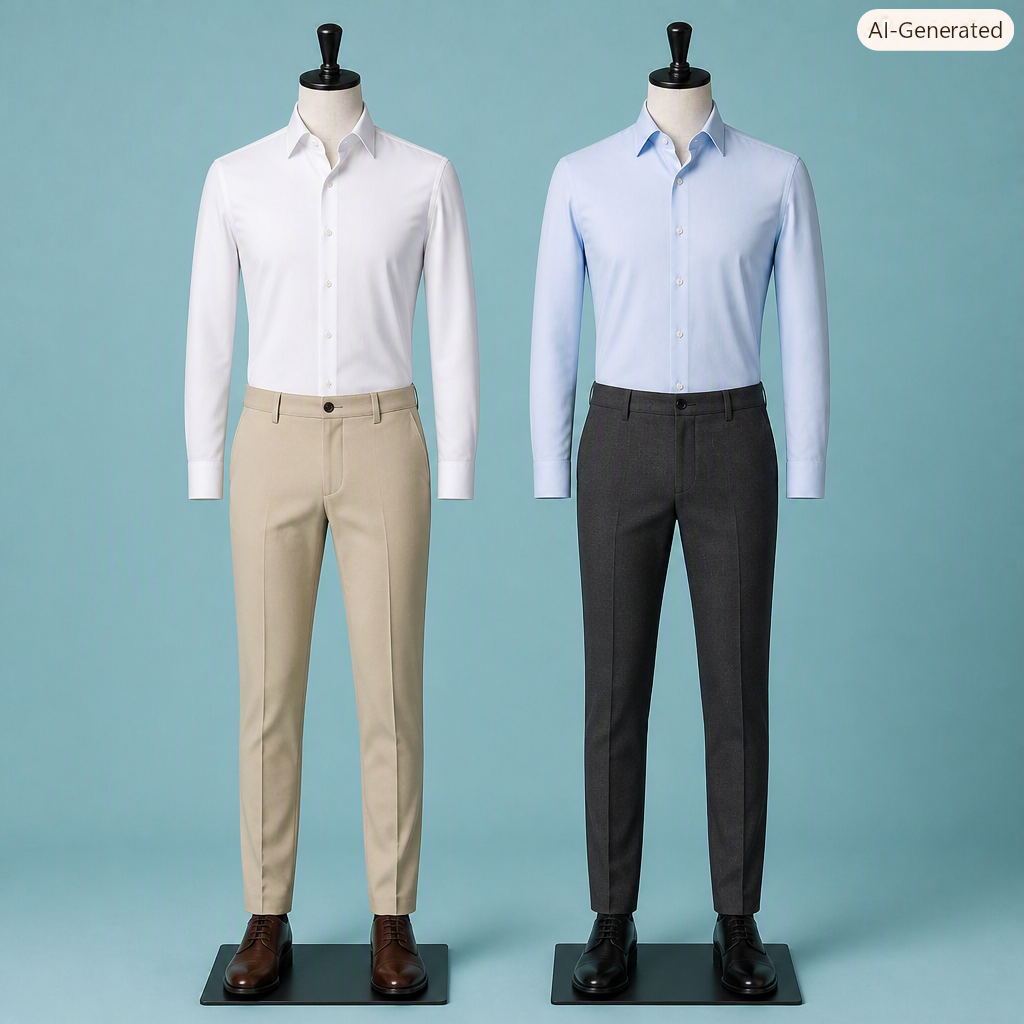Two mannequins in pants and dress shirts