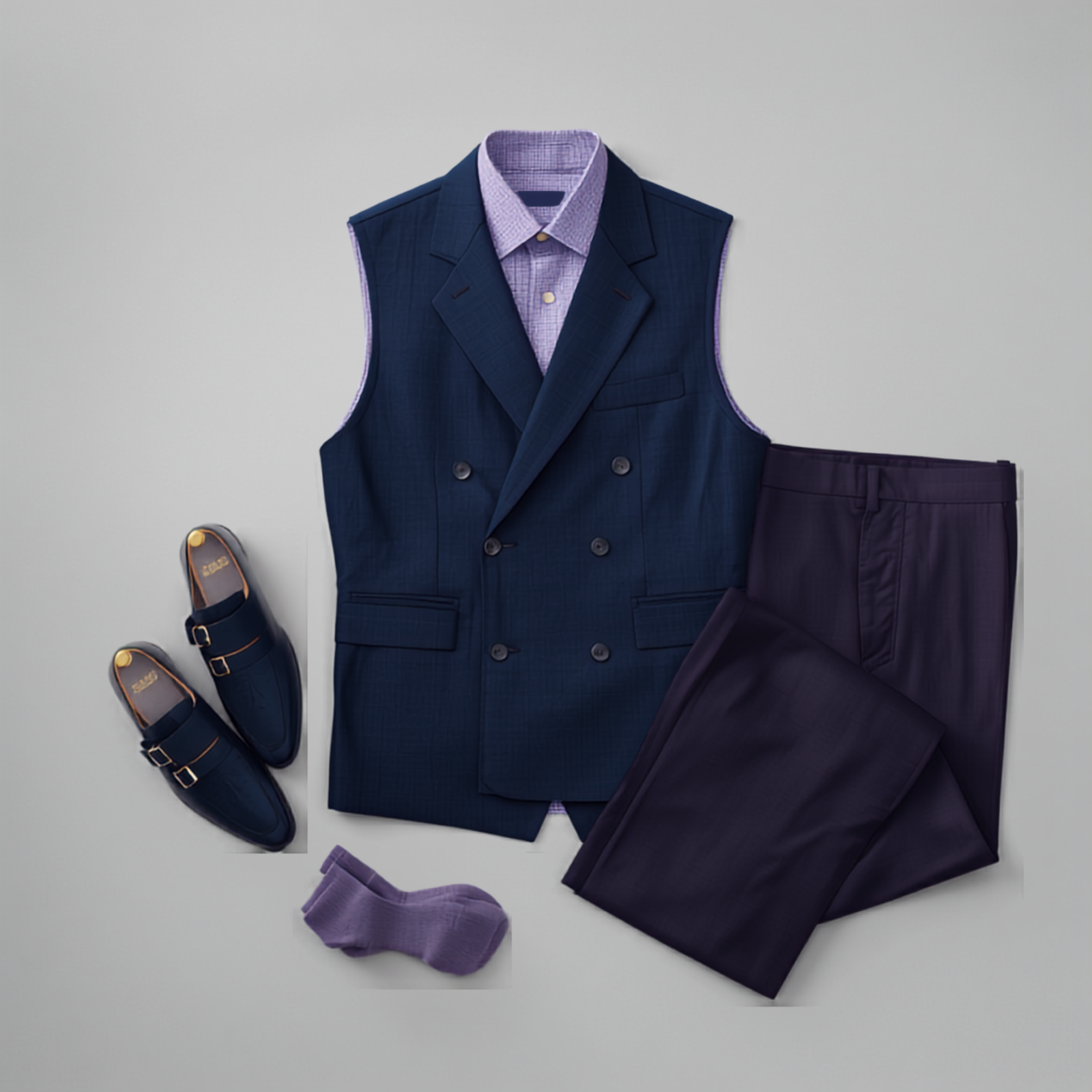 Men's midnight blue double-breasted vest over a lavender micro-pattern shirt, paired with deep purple chinos, lavender socks, and midnight blue double-monk strap shoes with silver buckles.