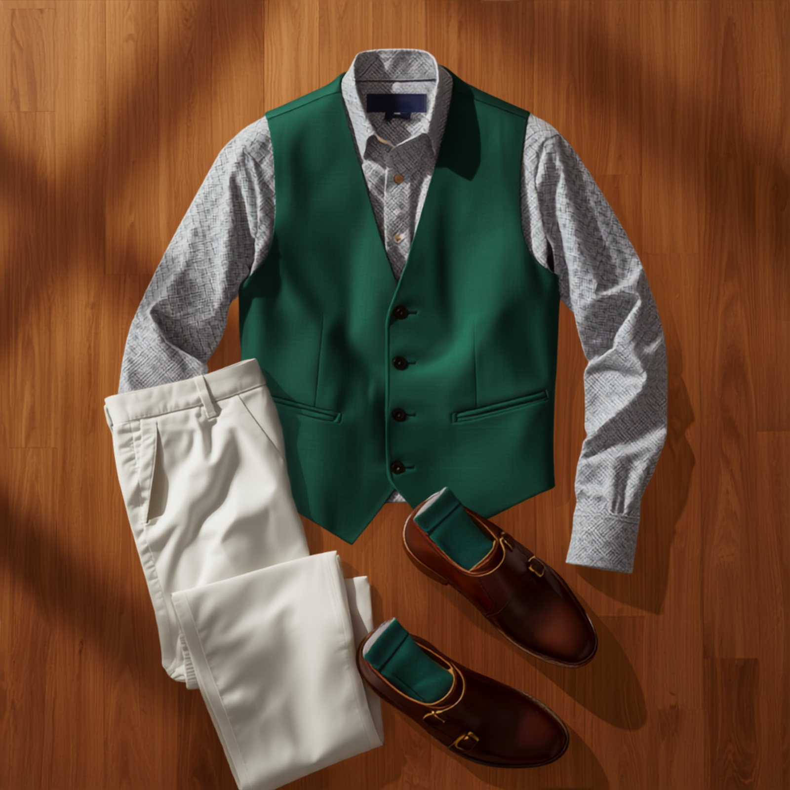 Men's emerald green vest layered over a white dress shirt with a navy paisley pattern, paired with classic white chinos, emerald green socks, and espresso brown double monk strap shoes.