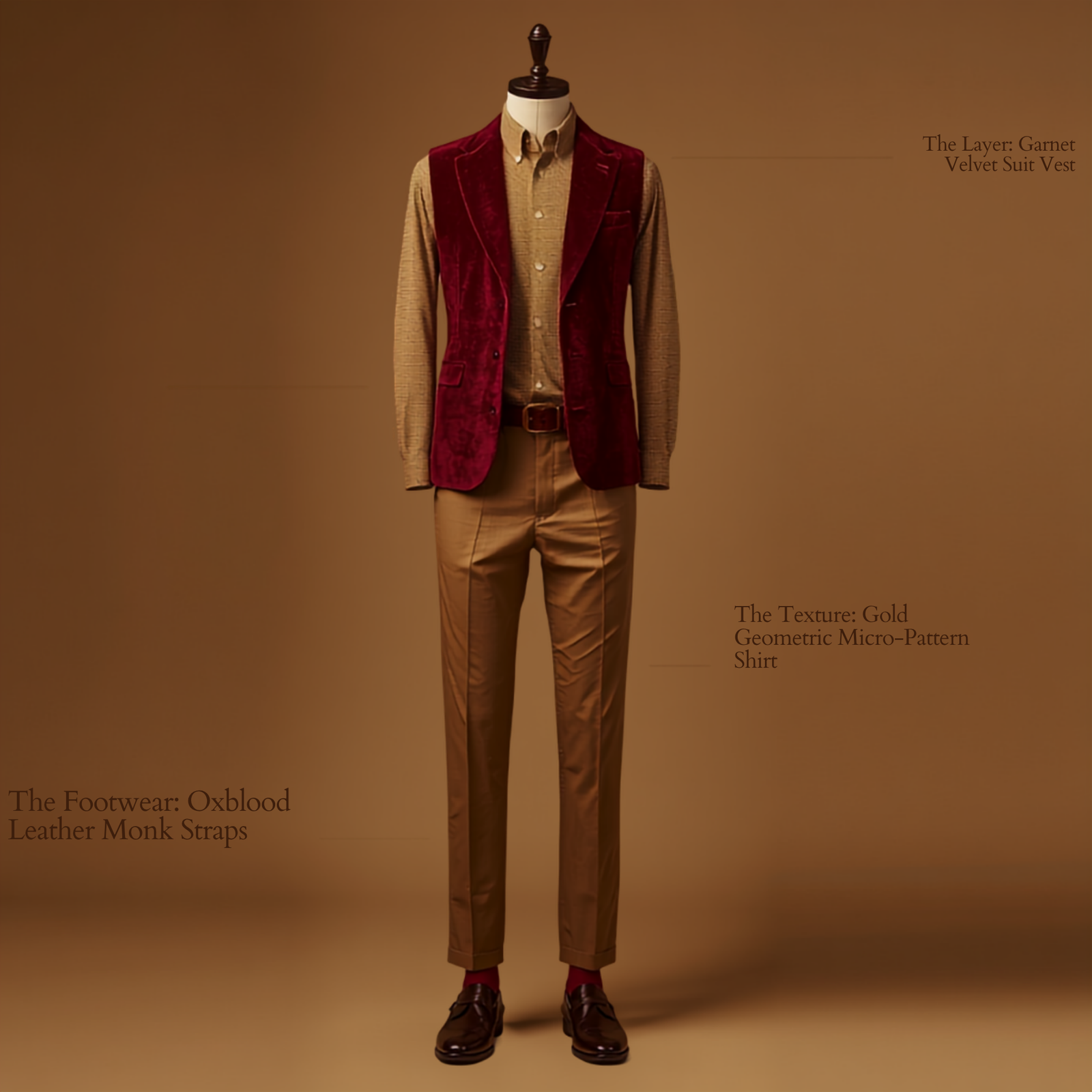 Men's deep garnet velvet vest over a white geometric micro-pattern dress shirt, paired with camel chinos, royal garnet socks, and oxblood leather double monk strap shoes.