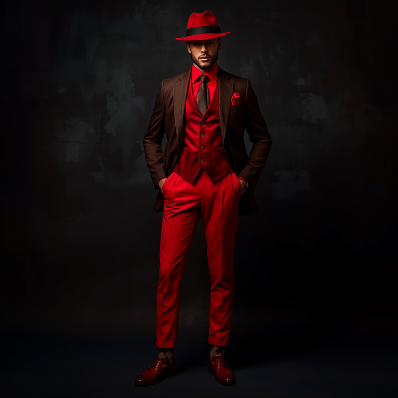 Man in an all-red ensemble and fedora with a contrasting chocolate brown overcoat.