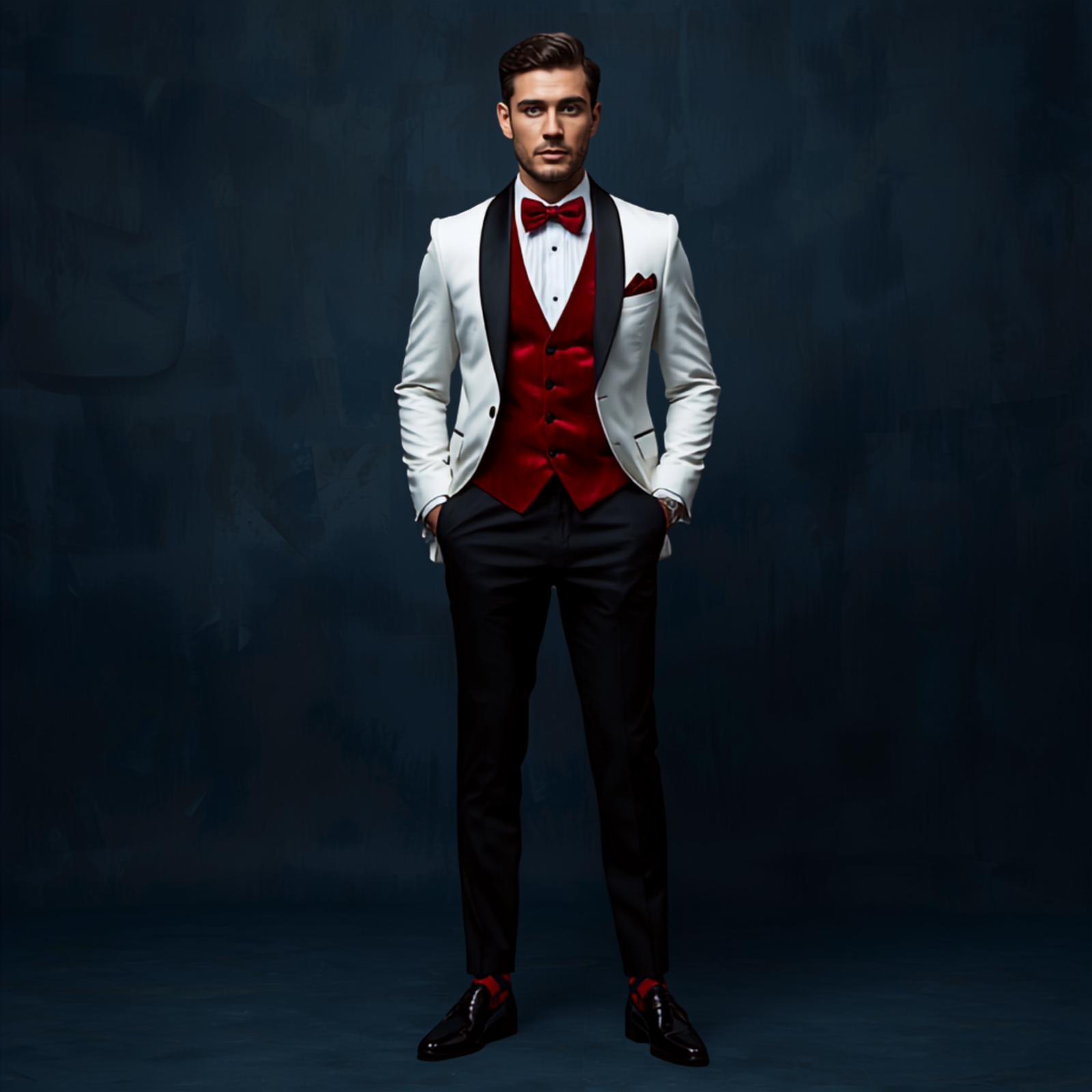 Man in a white and black formal dinner jacket with a crimson vest and bow tie.