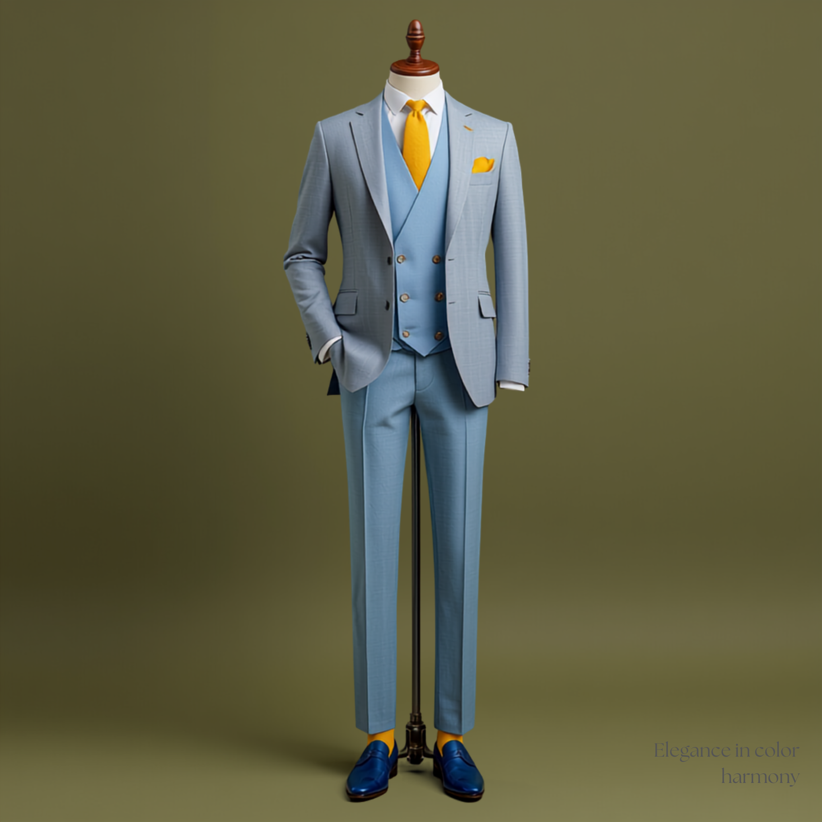 A tailored three-piece suit featuring pale blue trousers and a waistcoat, a light grey jacket, and a white shirt. The ensemble is accessorized with a bright yellow tie, a yellow pocket square, and yellow socks, standing against a minimalist light background.