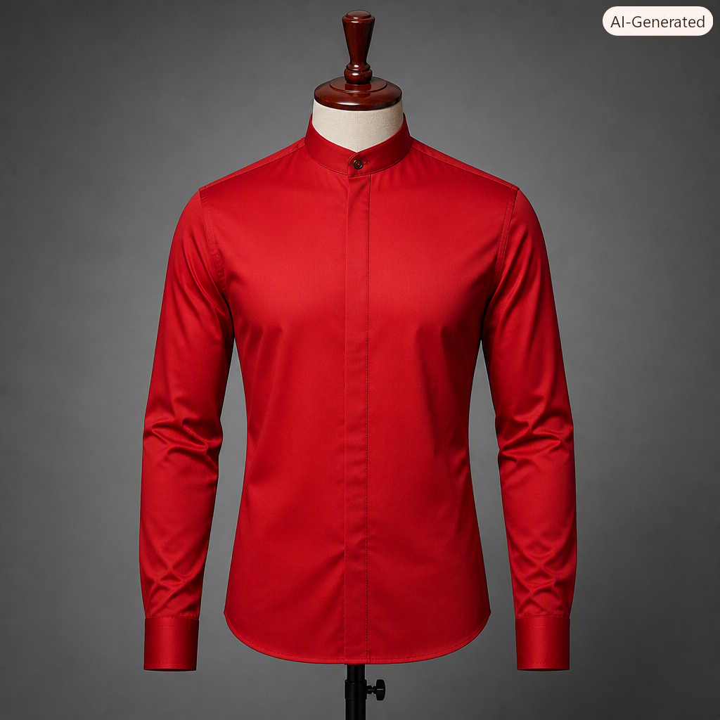 Red Banded Collar Dress Shirt